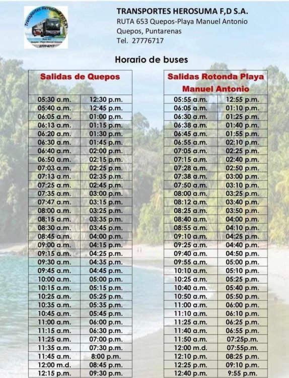 Bus schedule between manuel antonio and quepos